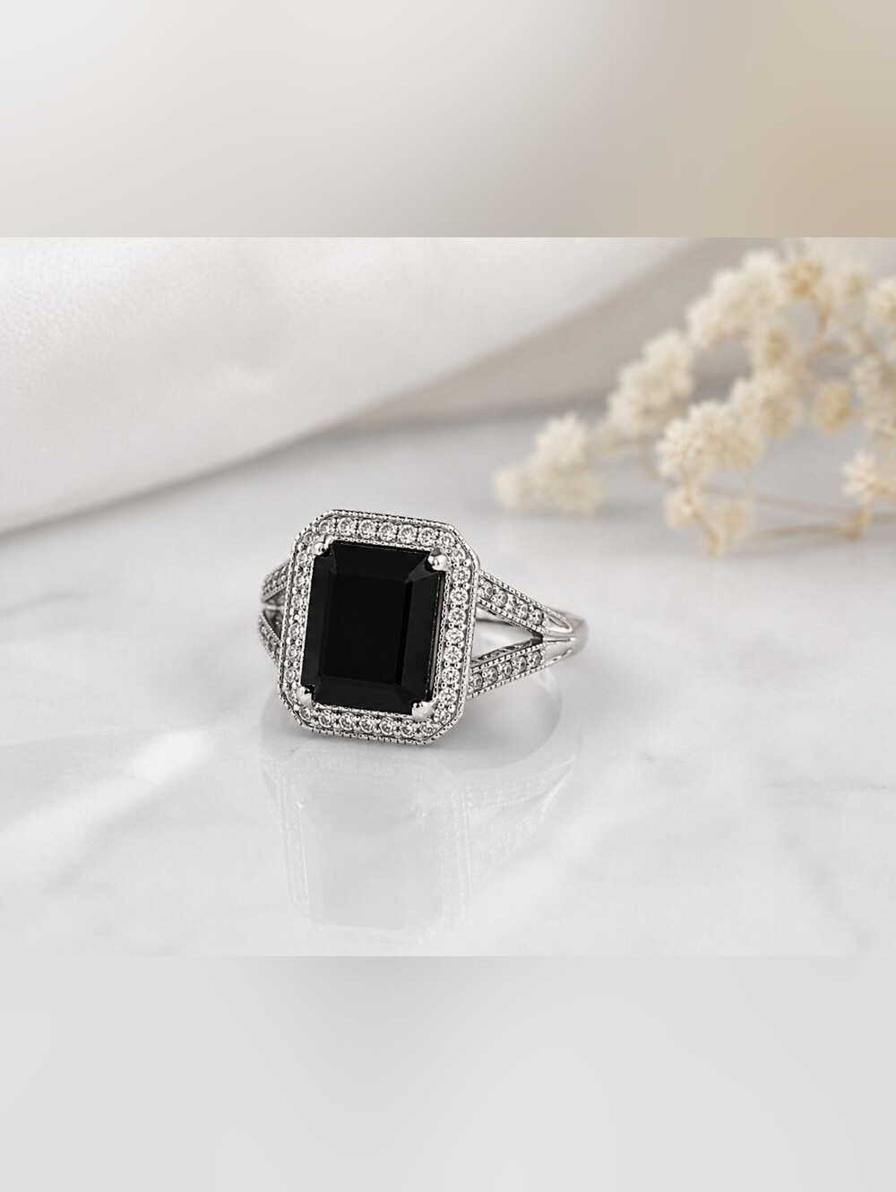 R.J. Graziano Sterling Silver Black Onyx Halo Ring – Size 7